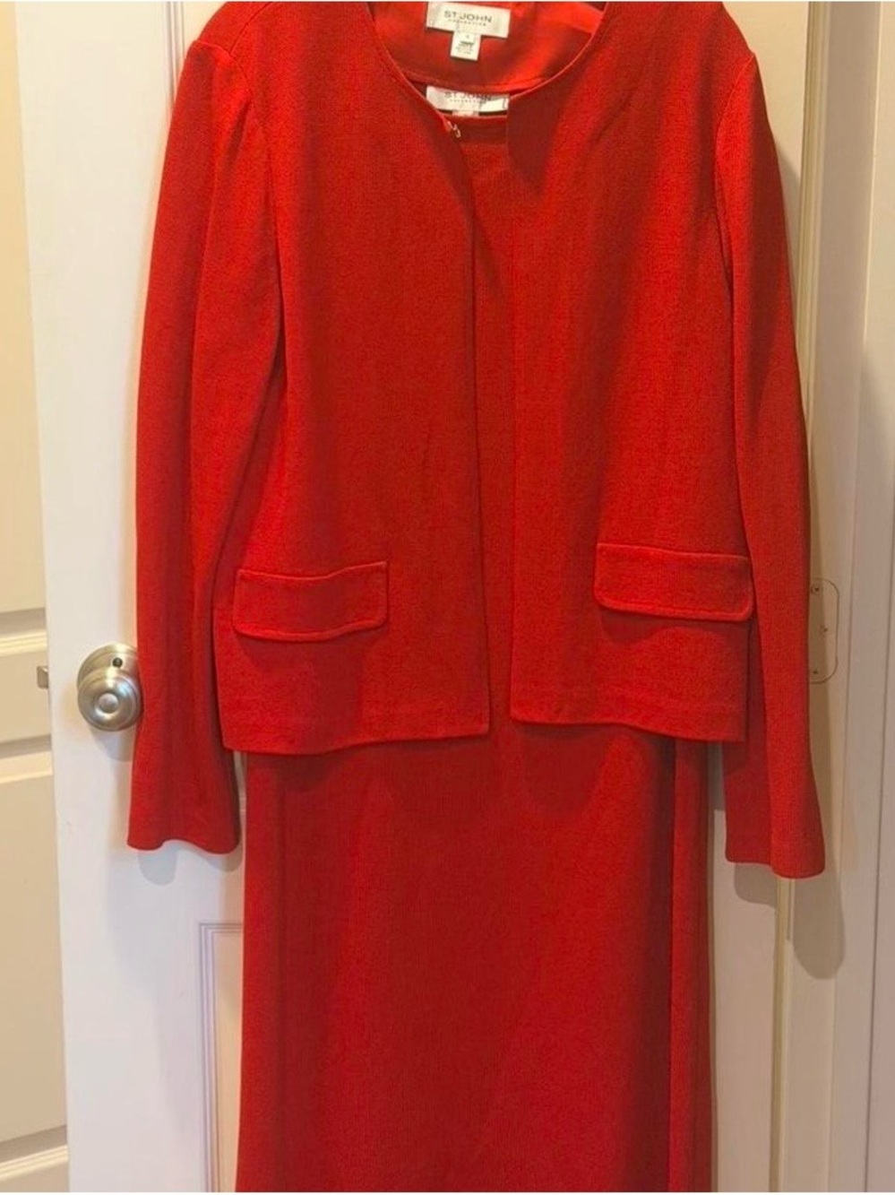 St. John Red Knit Dress Jacket Suit - Classic Two-Piece Sz 14 16